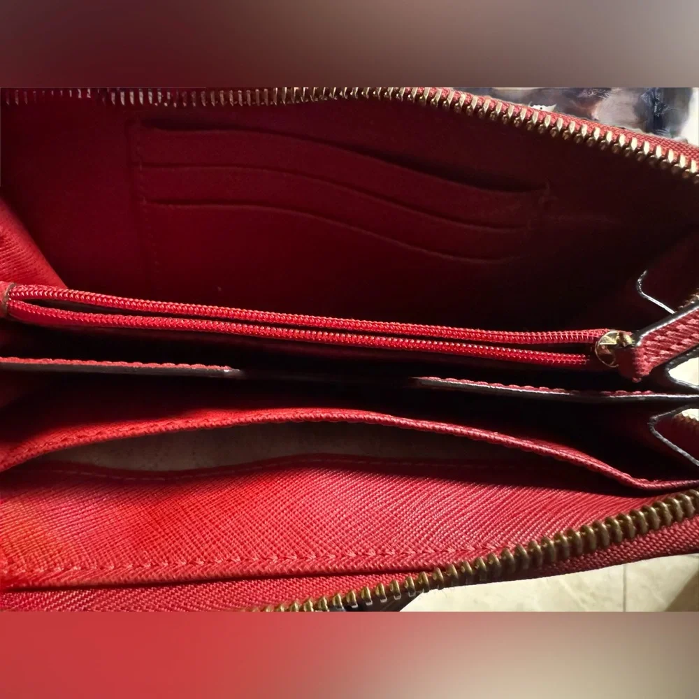 Michael Kors Red Saffiano Zip Wallet with Gold Logo